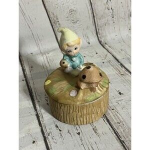 Vintage 70s HOMCO Trinket Box Sitting Elf Gnome Pixie in The Woods Mushrooms